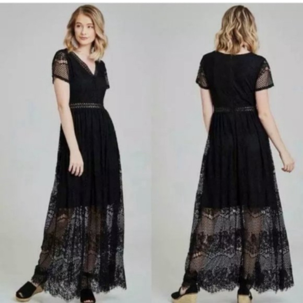 Altar'd State Black Lace Maxi Dress with V-Neckline